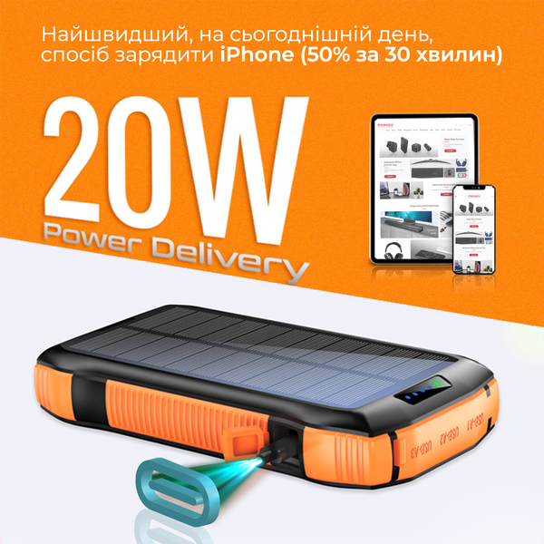 Внешний аккумулятор (Power Bank) Promate SolarTank-20PDQI 20W 20000mAh Черный