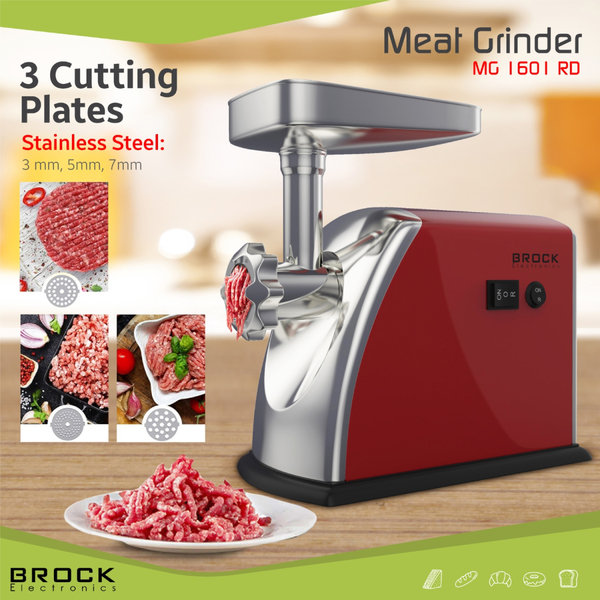 М'ясорубка BROCK  MG 1601 RD 1400Вт/2кг/хв/реверс/3 решітки/насадка для ковбас/кеббе/3 терки/червона
