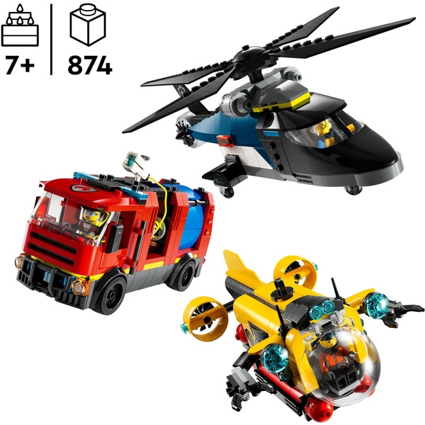 Блоковий конструктор LEGO City Ремікс вертольотів, пожежних машин і підводних човнів 874 деталі (60462)