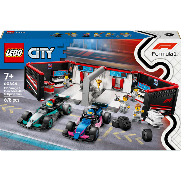 Блоковый конструктор LEGO City Гараж F1 и автомобили Mercedes-AMG и Alpine 678 деталей (60444)