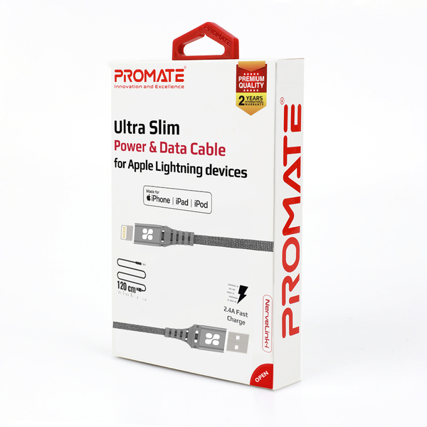 Кабель Promate USB - Lightning (M/M), 2.4 A, 1.2 м, NerveLink-i Grey