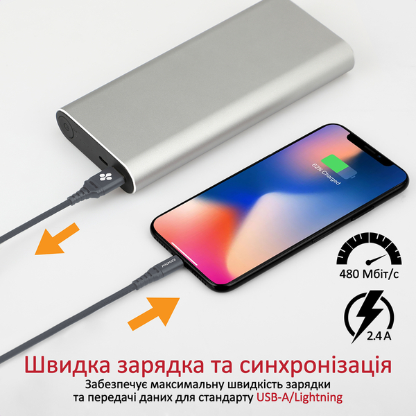 Кабель Promate USB - Lightning (M/M), 2.4 A, 1.2 м, NerveLink-i Grey