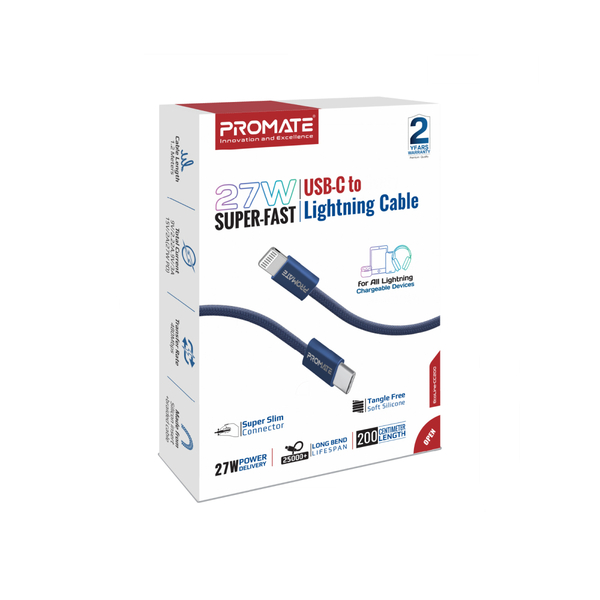 Кабель Promate USB Type-C - Lightning (M/M), 3 A, 27 W, 1.2 м, EcoLine-Ci120 Navy