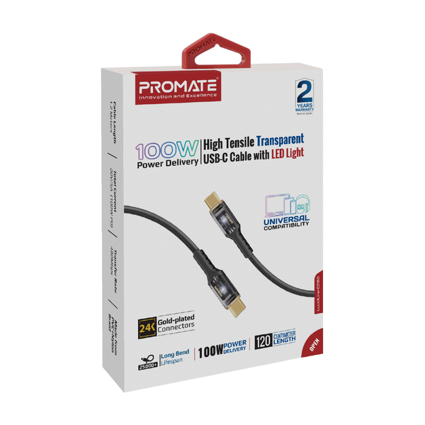 Кабель Promate USB Type-C - USB Type-C (M/M), 5 A, 100 W, 1.2 м, Lucidline-CC120 Black