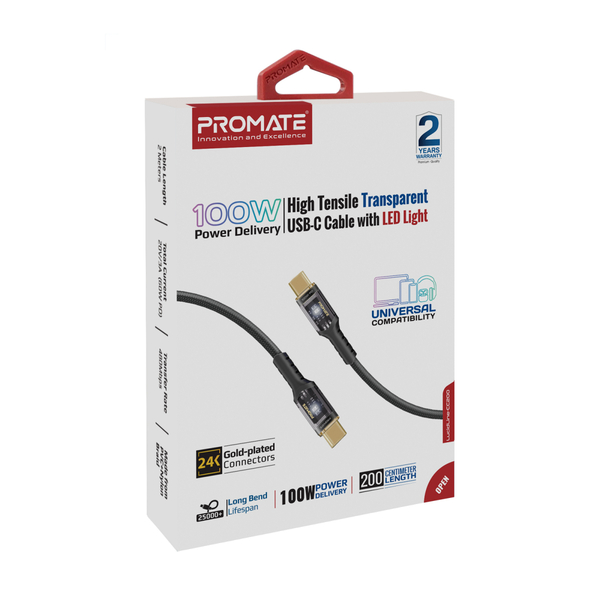 Кабель Promate USB Type-C - USB Type-C (M/M), 5 A, 100 W, 2 м, Lucidline-CC200 Black