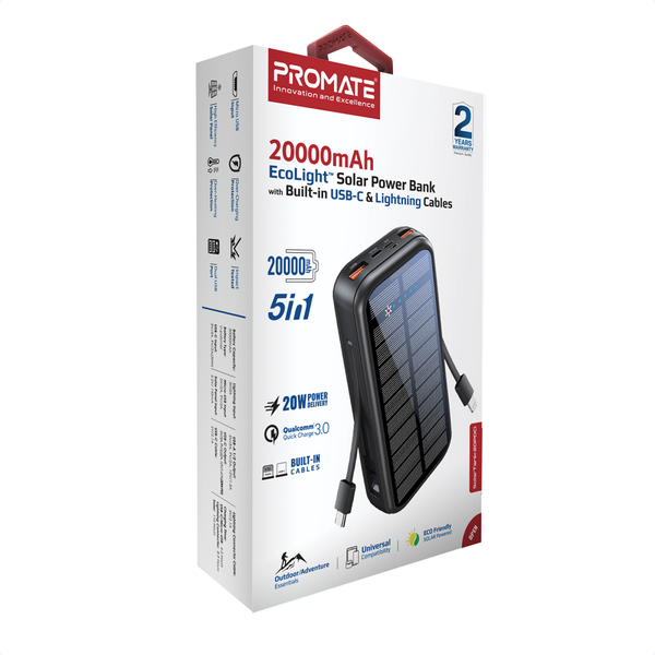 Зовнішній акумулятор (Power Bank) Promate SolarTank-20PDQi 20000mAh 20W Black
