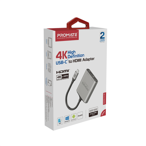 Адаптер Promate USB Type-C - 2xHDMI (M/F) MediaLink-H2 Grey