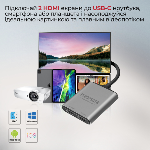 Адаптер Promate USB Type-C - 2xHDMI (M/F) MediaLink-H2 Grey
