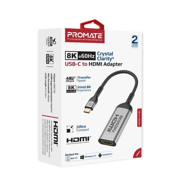 Адаптер Promate USB Type-C - HDMI (M/F) MediaLink-8K Grey
