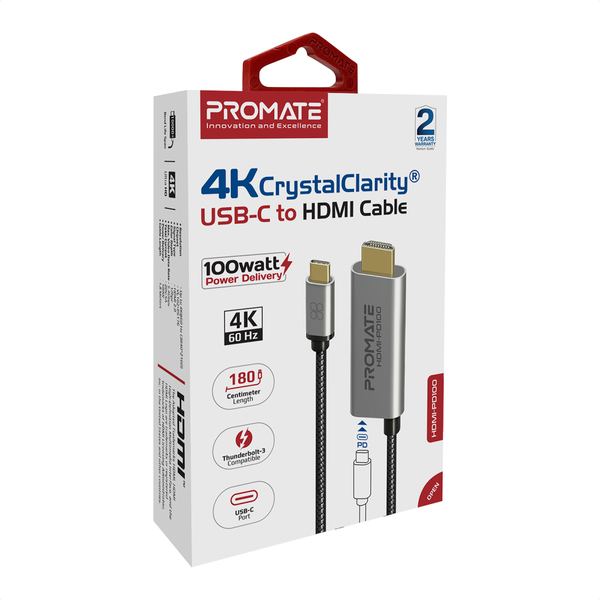 Кабель Promate USB Type-C - HDMI V 2.0 (M/M), 1.8 м, HDMI-PD100 Grey