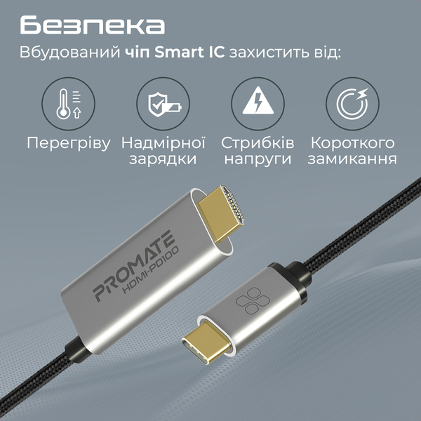 Кабель Promate USB Type-C - HDMI V 2.0 (M/M), 1.8 м, HDMI-PD100 Grey