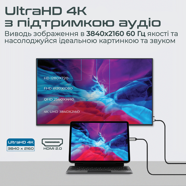 Кабель Promate USB Type-C - HDMI V 2.0 (M/M), 1.8 м, HDMI-PD100 Grey