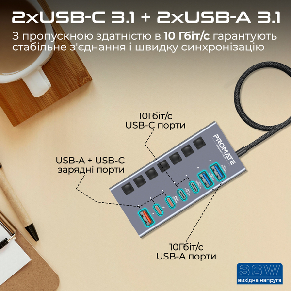 USB-хаб Promate Gegahub-10G Grey