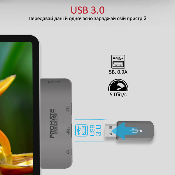Концентратор USB Type-C Promate PadHub-Pro 4 in 1 Grey