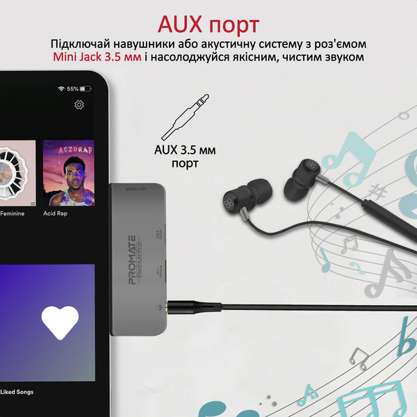 Концентратор USB Type-C Promate PadHub-Pro 4 in 1 Grey