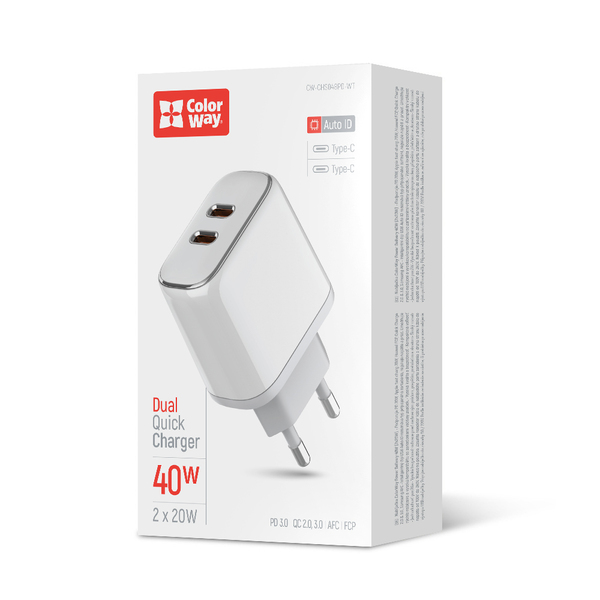 Сетевое зарядное устройство ColorWay Power Delivery Port PPS USB (Type-C PD + Type-C PD) (40W) White (CW-CHS048PD-WT)