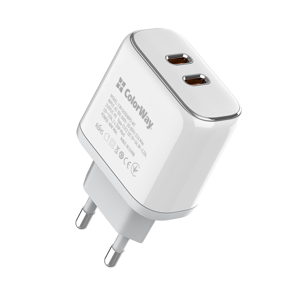 Сетевое зарядное устройство ColorWay Power Delivery Port PPS USB (Type-C PD + Type-C PD) (40W) White (CW-CHS048PD-WT)