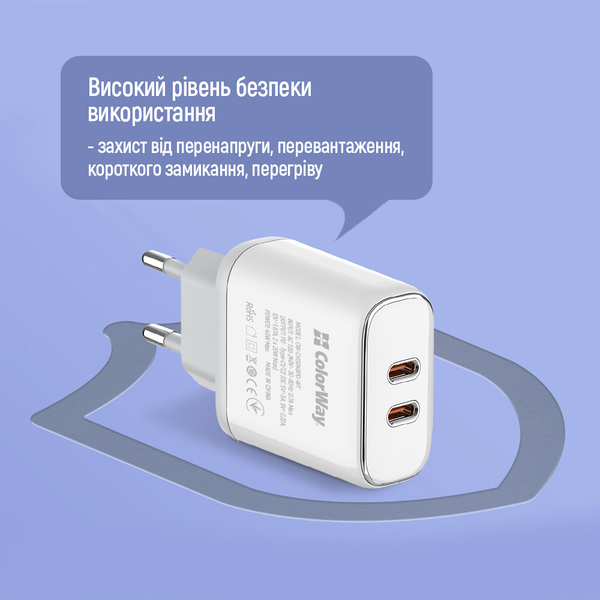 Сетевое зарядное устройство ColorWay Power Delivery Port PPS USB (Type-C PD + Type-C PD) (40W) White (CW-CHS048PD-WT)