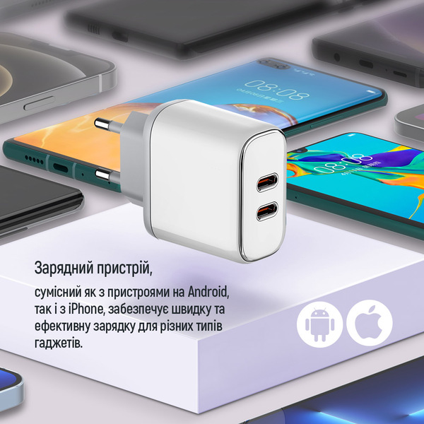 Сетевое зарядное устройство ColorWay Power Delivery Port PPS USB (Type-C PD + Type-C PD) (40W) White (CW-CHS048PD-WT)