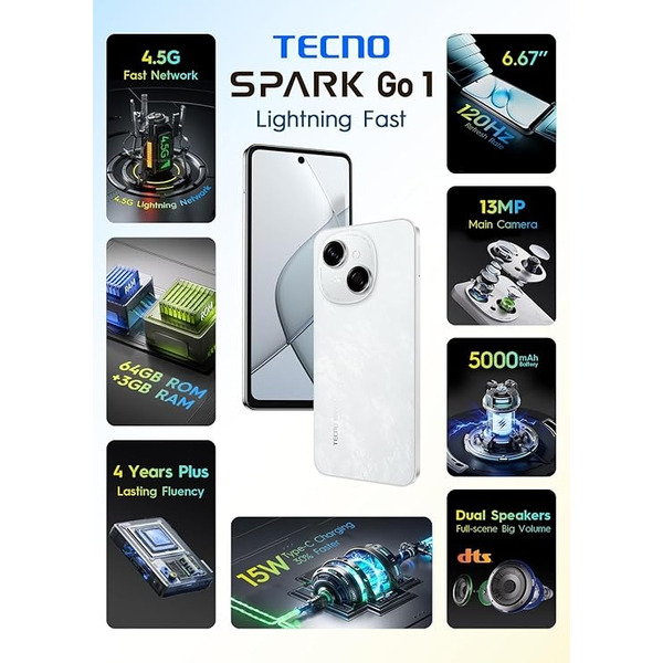 Смартфон Tecno Spark Go 1 (KL4) 3/64GB Glittery White (4894947036446)