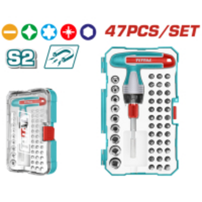 Набір TOTAL TACSD30476 Т-подібна викрутка,біти, головки, 47шт.