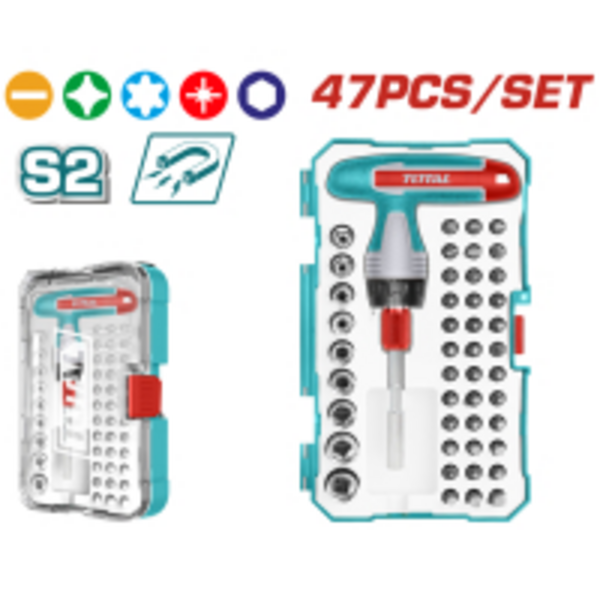 Набір TOTAL TACSD30476 Т-подібна викрутка,біти, головки, 47шт.