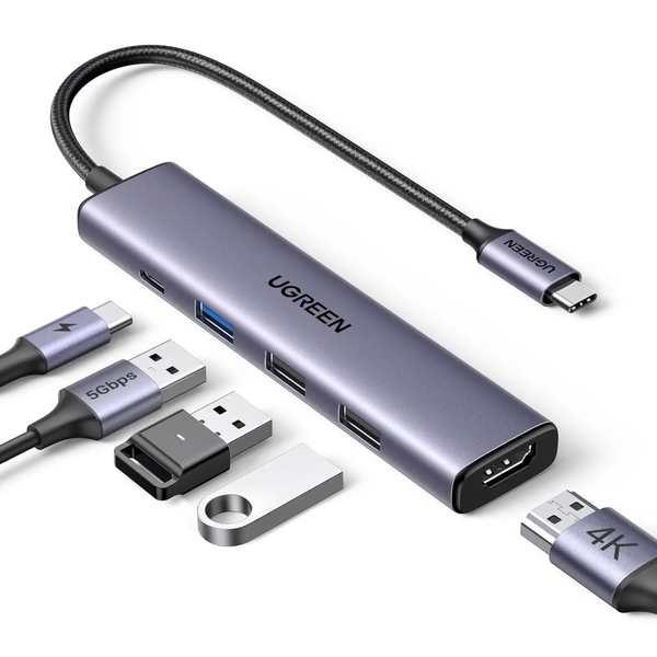 Док-станція USB3.0 Type-C --> HDMI/2xUSB 2.0/USB 3.0/ Type-C for charging,PD,100W Ugreen CM478 Сіра