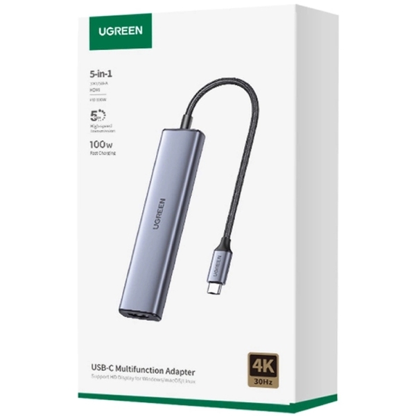 Док-станція USB3.0 Type-C --> HDMI/2xUSB 2.0/USB 3.0/ Type-C for charging,PD,100W Ugreen CM478 Сіра