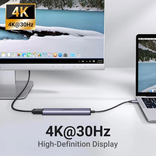 Док-станція USB3.0 Type-C --> HDMI/2xUSB 2.0/USB 3.0/ Type-C for charging,PD,100W Ugreen CM478 Сіра