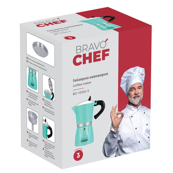 Гейзерная кофеварка Bravo Chef Бірюзова 3 чашки (BC-12100-3)