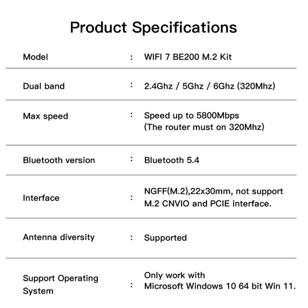 Бездротовий адаптер Fenvi FV-BE200NG Wi-Fi 7, Bluetooth 5.4 Adapter, Tri-band 2.4G/5G/6GHz
