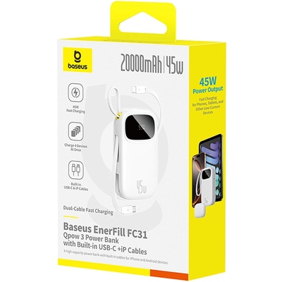 Зовнішній акумулятор (павербанк) Baseus EnerFill FC31 Qpow 3 Digital Display USB-C + iP 20000mAh 45W Moon White (E0028D01)  