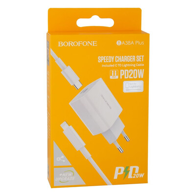 Сетевое Зарядное Устройство Borofone BA38A Plus, PD 20W, Cable Type-C To Lightning, White