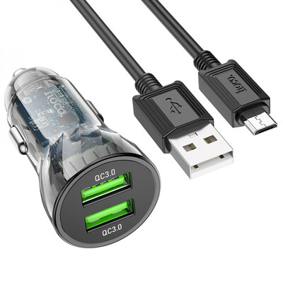 Автомобильное зарядное устройство Hoco Z47 Transparent, QC3.0 PD 18W, Cable Micro, Black