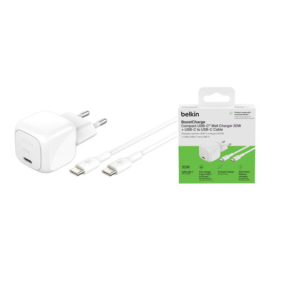 Зарядний пристрій мережевий Belkin 30Вт USB-С PD PPS, кабель USB-С > USB-C, 1м, PVC, білий
