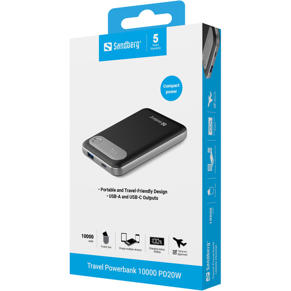 Зовнішній акумулятор (Power Bank)Sandberg  Travel 10000mAh 20W 4,5A  PD,QC3.0,USB-A,USB-C, LED, сірий
