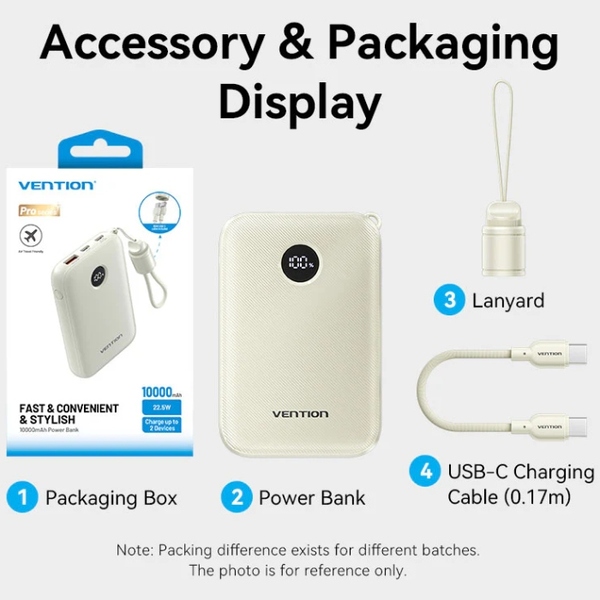 Зовнішній акумулятор (Power Bank)Vention 10000mAh 22,5W Fast Charging, USB-A, 2xUSB-C, with built-in USB-C cable, Beige