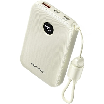Зовнішній акумулятор (Power Bank)Vention 10000mAh 22,5W Fast Charging, USB-A, 2xUSB-C, with built-in USB-C cable, Beige