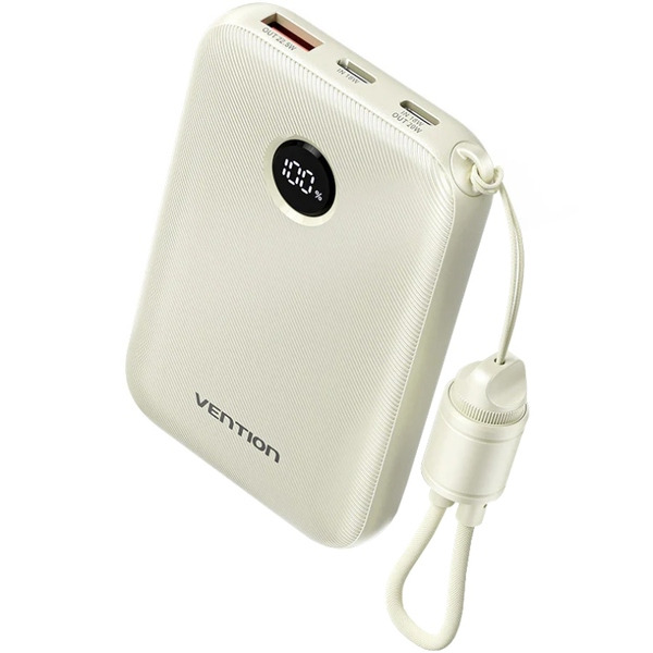 Зовнішній акумулятор (Power Bank)Vention 10000mAh 22,5W Fast Charging, USB-A, 2xUSB-C, with built-in USB-C cable, Beige
