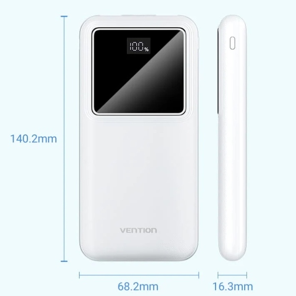 Зовнішній акумулятор (Power Bank)Vention 10000mAh 22.5W 3A PD,QC3.0, Micro-USB,USB-C,2xUSB-A, LED Display,White