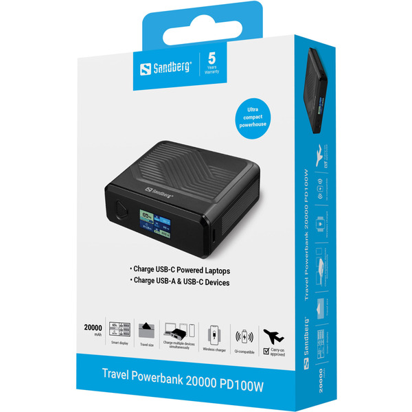 Зовнішній акумулятор (Power Bank)Sandberg Travel 20000mAh 100W PD,QC3.0, USB-A, USB-C In/Out, QI 15W