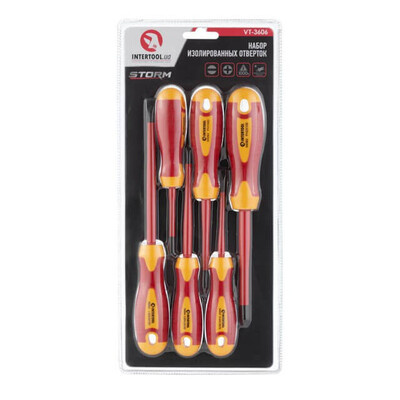 Набір ізольованих викруток 6 од VDE (SL0.4 * 2.5 * 75мм, SL0.8 * 4.0 * 100мм, SL1.0 * 5.5 * 125мм, PH0 * 60мм, PH1 * 80мм, PH2 * 100мм), STORM INTERTOOL VT-3606