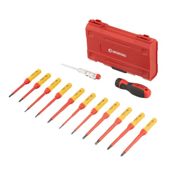 Набір ізольованих викруток з викруткою індикатором 14 од VDE (SL0.5 * 3.0 * 100мм, SL0.8 * 4.0 * 100мм, SL1.0 * 5.5 * 100мм, SL1.2 * 6.5 * 100мм, PH1 * 80мм, PH2 * 100мм, PZ1 * 80мм, PZ2 * 100мм, T10 * 100мм, T15 * 100мм, T20 * 100мм), STORM INTERTOOL VT-