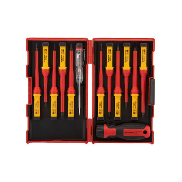 Набір ізольованих викруток з викруткою індикатором 14 од VDE (SL0.5 * 3.0 * 100мм, SL0.8 * 4.0 * 100мм, SL1.0 * 5.5 * 100мм, SL1.2 * 6.5 * 100мм, PH1 * 80мм, PH2 * 100мм, PZ1 * 80мм, PZ2 * 100мм, T10 * 100мм, T15 * 100мм, T20 * 100мм), STORM INTERTOOL VT-