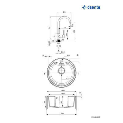 Deante Набор для кухни Solis, гранитная мойка ZRS_2803 + смес. BEN_262M, графит-хром