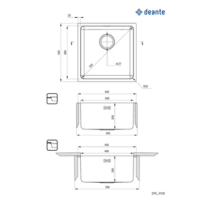 Deante Мойка кухонная Egeria, нерж.сталь, квадрат, без крыла, 440х440х200мм, чаша - 1, встраиваемая+накладная, нерж
