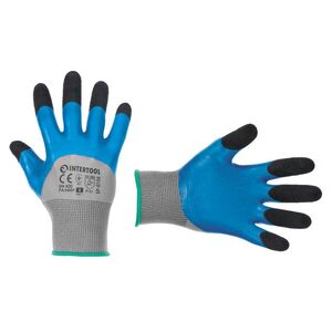 Рукавичка трикотажна,синтетична,посилена,3/4 облив,покрита спіненим латексом синього кольору,покриття пальців зморшкуватим латексом чорного кольору,9" INTERTOOL SP-0106