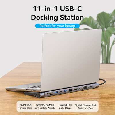 Док-станція USB3.1 Type-C --> HDMI/VGA/USB-C/USB3.0x3/RJ45/SD/TF/TRRS 3.5mm/PD 100W Vention 11in1