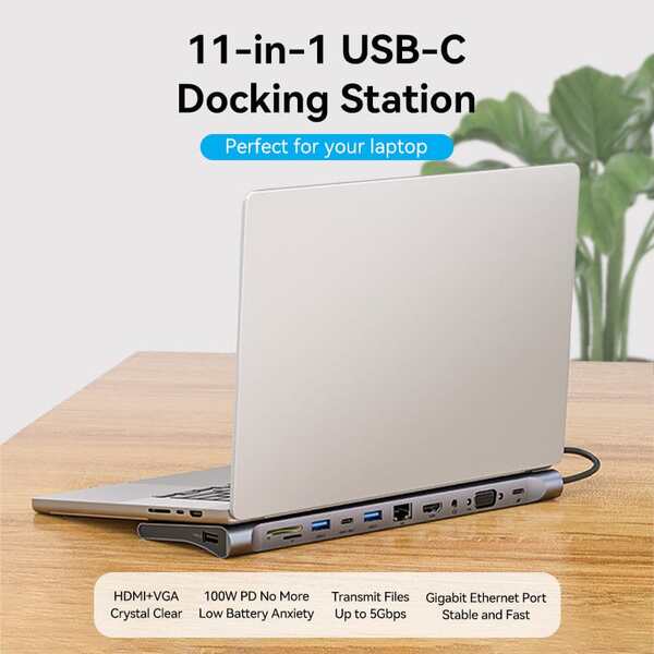 Док-станція USB3.1 Type-C --> HDMI/VGA/USB-C/USB3.0x3/RJ45/SD/TF/TRRS 3.5mm/PD 100W Vention 11in1