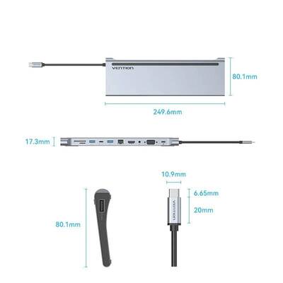 Док-станція USB3.1 Type-C --> HDMI/VGA/USB-C/USB3.0x3/RJ45/SD/TF/TRRS 3.5mm/PD 100W Vention 11in1